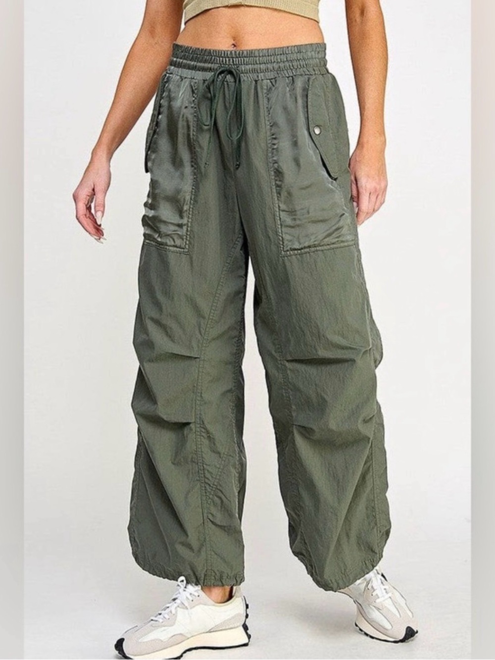 Miss Love Olive Pia Pants featuring a wide-leg fit, cargo pockets, high- SM - Picture 3 of 7